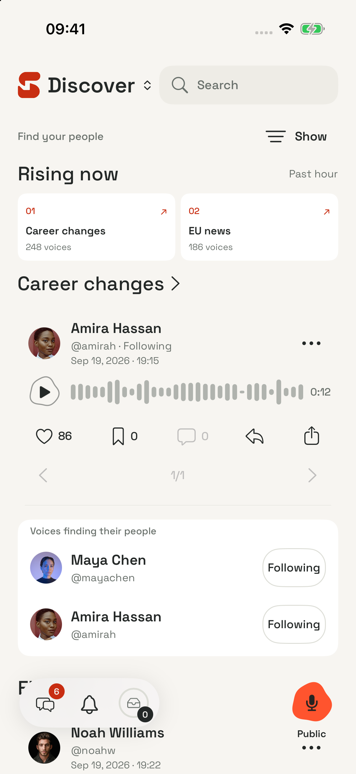 SayBits Discover screen with topics and voices to listen to