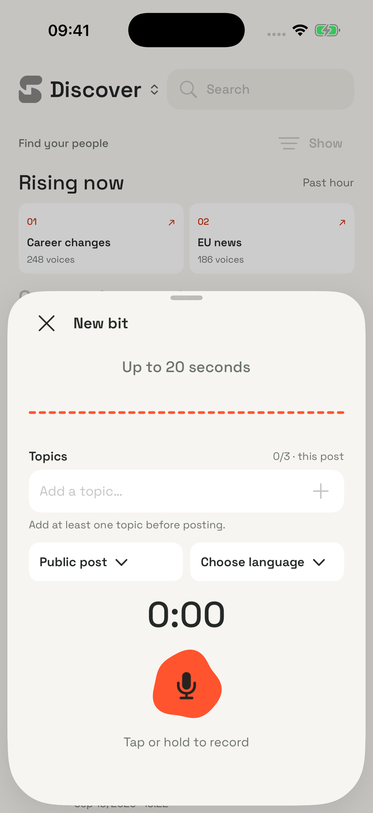 SayBits recording screen with the voice recorder and post controls
